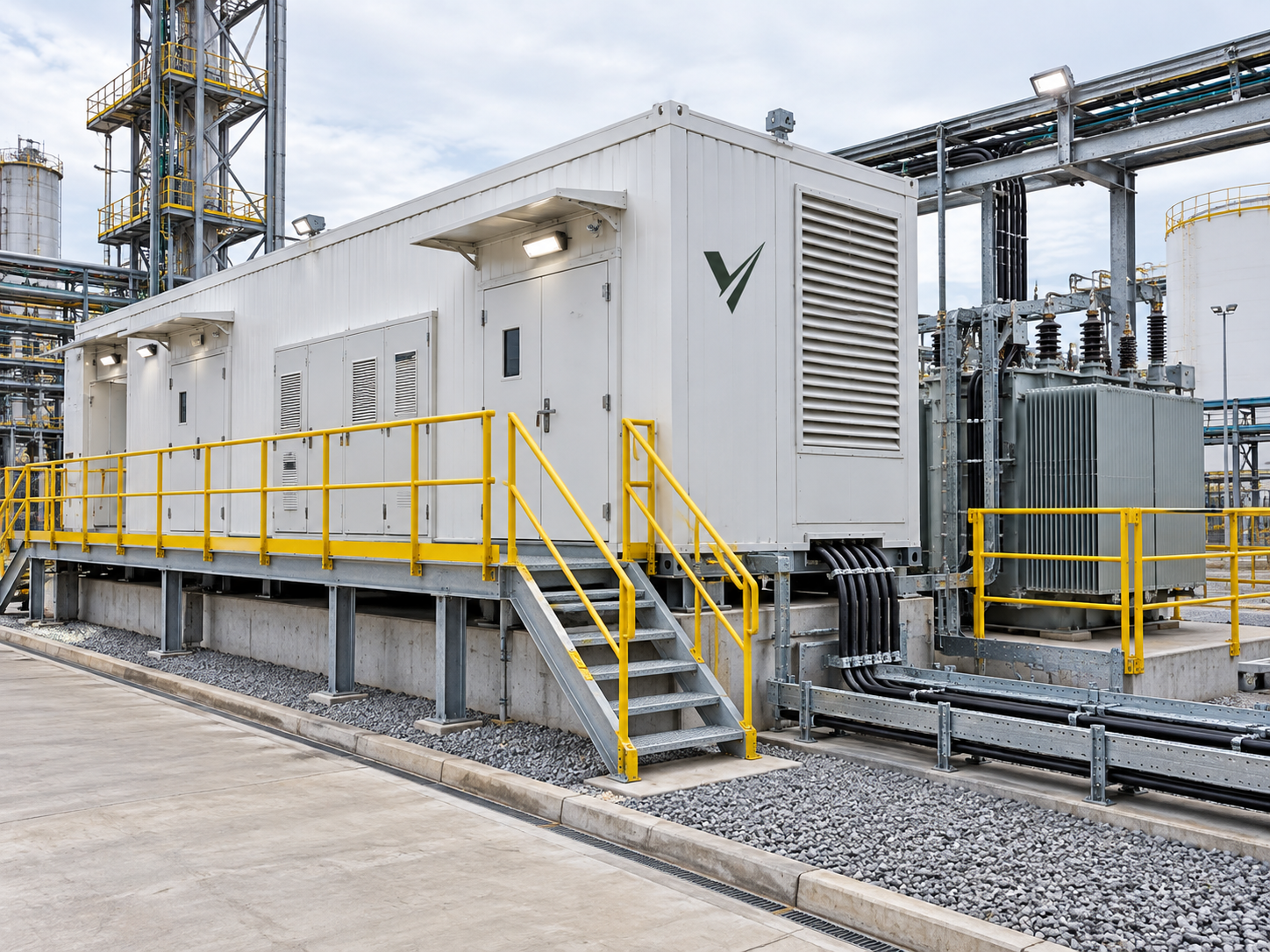 Eletrocentro modular com guarda-corpo amarelo em área industrial