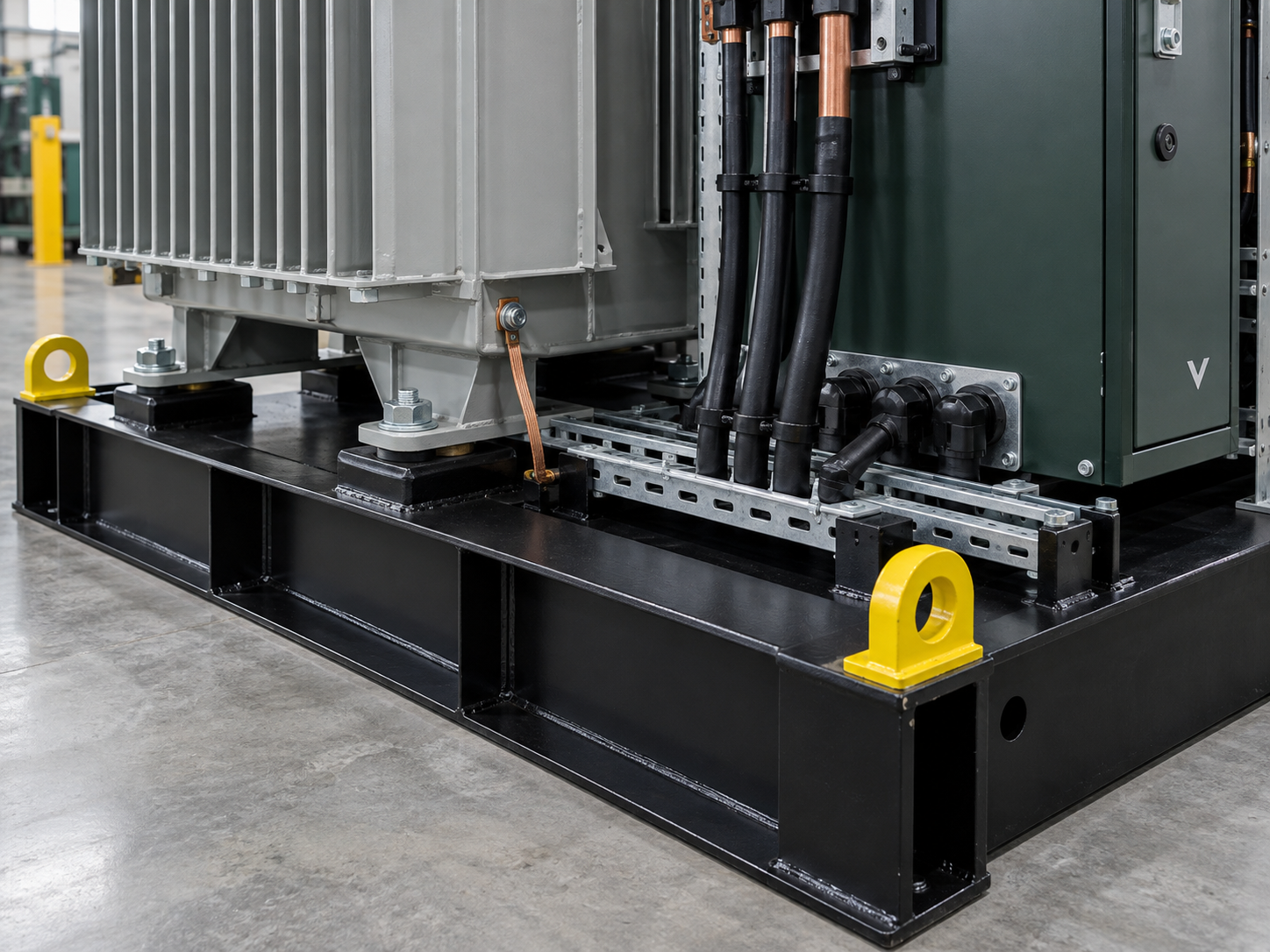 Detalhe de base metálica autoportante e pontos de içamento de skid elétrico