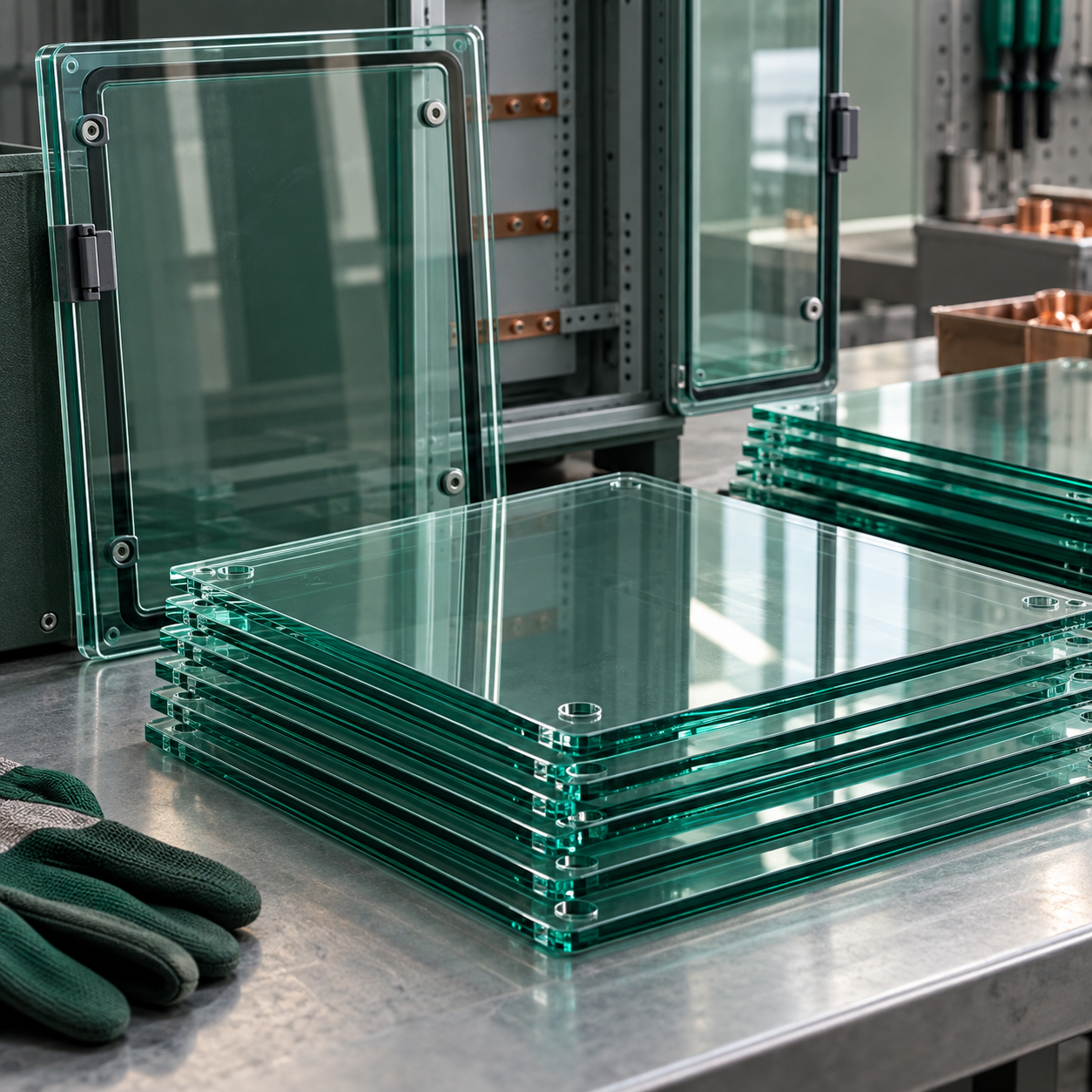 Portas e placas transparentes de vidro ou acrílico para painéis elétricos